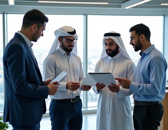 فريق العمل في شركة حلول عمان المالية للأسرة يناقش مشروعًا